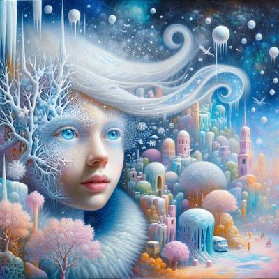 The primary subject of the image is a young girl with blue eyes, white hair, and a white coat. She is surrounded by a whimsical, fantastical environment that includes a cityscape, trees, and a variety of other elements. The setting appears to be a snowy, magical landscape. The visual style of the image is a combination of digital art and illustration, creating a vibrant and imaginative scene. The colors and mood of the image are predominantly white and blue, giving it a